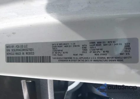 2021 Ram Promaster 1500 Low Roof 136 Wb from USA, damaged, VIN 3C6LRVAG3ME527031
